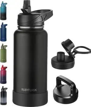 32oz Insulated Water Bottle with Straw, Stainless Steel Metal Vacuum Water Flask, Large Thermos Water bottle with Leakproof 3 Lids for Travel, Camping, Gym Sports Black