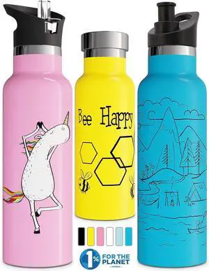 Kids Water Bottle Easy-Sip Straw Lid Leak-Proof Insulated Stainless Steel Thermos Perfect for School & Pickleball 3 Lids BPA-Free Keeps Drinks Cold for 24 Hours