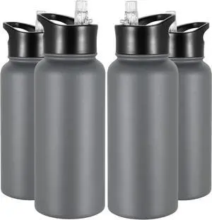 32 oz Insulated Water Bottle Bulk 4 Pack, Stainless Steel Sports Water Bottles with Straw Lid & Wide Mouth Lids, Double Walled Vacuum, Leak Proof, Gray