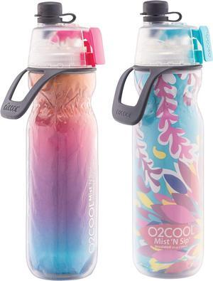 O2COOL Arctic Squeeze Insulated Mist 'N Sip Water Bottle | 2 Pack- 20 oz | BPA Free, 2-in-1 Mist and Sip Function w/No Leak Pull Top Spout (Ras Ombre/Tropical)