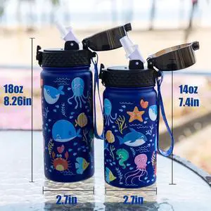 GOPPUS Kids Water Bottle (Straw Lid) - 14 Oz Stainless Steel Travel Bottle, Double Wall Vacuum Leak Proof Kids Cup for School Boys Girls,Under the Sea