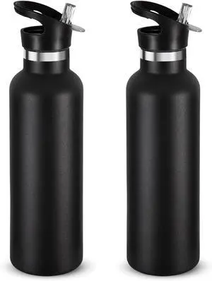 Neihepal 24oz Insulated Water Bottles Bulk 2 Pack,Stainless Steel Double Wall Sport Bottle with Straw Lid,Metal Reusable Thermoses Cup with Hand Cap for School,Cyclists,Hikers,Gift (Black,Set of 2)