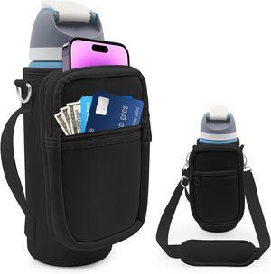 for Owala FreeSip Insulated Stainless Steel Water Bottle Cup Holder Cover Carrier Sling Bag with Strap, Pouch Pocket for Phone/Accessories, add Handle for Owala 32oz(Black)