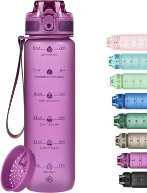 32oz Motivational Water Bottles with Time Marker & Fruit Strainer, Single Color Water Bottle with Times to Drink, Leakproof & BPA Free, Reusable Plastic Bottle with Strap (No Straw)