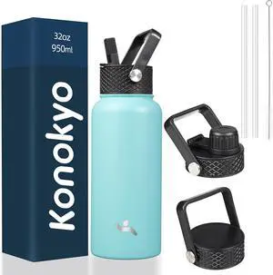 32 oz Insulated Water Bottle Stainless Steel Sport Bottles with 3 Lids,Turquoise