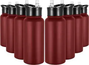32 oz Insulated Water Bottle Bulk 8 Pack, Stainless Steel Sports Water Bottles with Straw Lid & Wide Mouth Lids, Double Walled Vacuum, Leak Proof, Red