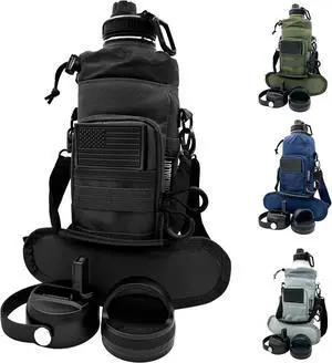 Half Gallon Water Bottle Jug - 84 Oz Insulated Stainless Steel Metal Water Jug with Holder - Carrying Bag - Spout Handle - Straw Lids - Keep Cold & Hot - Black Tactical Flask
