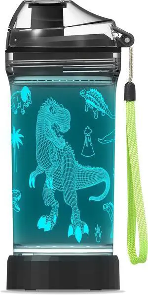 Kids Water Bottle, Dinosaur-themed Light-Up Sport Cup with 3D Glowing LED Dinosaur Light  14 OZ Tritan BPA-Free - Camping, and Holidays (Dinosaur)