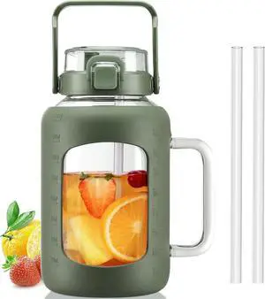 BLUEGO Water Bottle 64 oz Tumbler with Lid and Straw, Glass Water Bottle with Straw, Water Tumbler with Handle Half Gallon Water Jug Large Waterbottle for Daily Water Intake, BPA Free, Olive