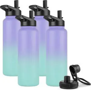 DOMICARE 40 oz Insulated Water Bottle Bulk, Vacuum Insulated Stainless Steel Sports Water Bottle with Straw Lid & Spout Lid, Leakproof, Reusable - Travel, Camping, Bike, Purple Green Gradient(4 Pack)