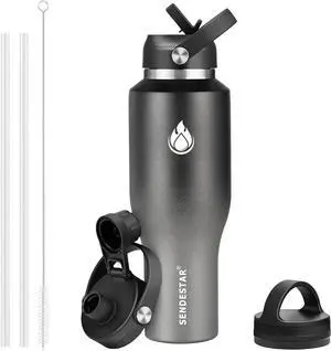 SENDESTAR 40oz Stainless Steel Water Bottle(Cold for 48 Hrs, Hot for 24 Hrs),Double Wall Vacuum Insulated Bottle with Straw Lid, Spout Lid and Flex Cap, Fit in Any Car Cup HolderGrey-B
