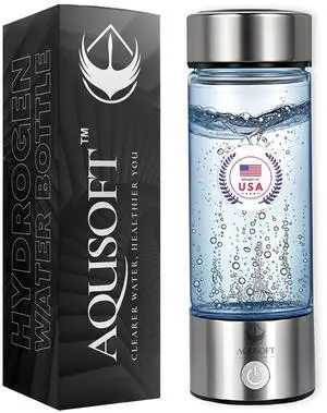 AQUSOFT Portable Alkaline Hydrogen Water Bottle with SPE PEM Technology | Type-C USB Rechargeable 1600 PPB Hydrogen Rich Water in 3 Minutes | Borosilicate Glass Water Cup | 2-in-1 Usage Modes | 420ml