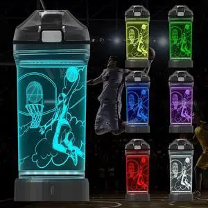 Attivolife Kids Water Bottle, Basketball Sports 3D Illusion LED Light Up with 7 Color Changing - 14 OZ BPA Free - Creative Ideal Travel Cup B-ball Gift for School Kid Boy Child Holiday Camping Picnic