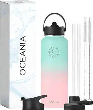 Oceania Flask 40oz Stainless Steel Water Bottle | Modern, Leakproof, Hydro BPA-Free, Insulated Water Bottle with 3 Lids, 3 Straws & 2 Straw Cleaning Brushes | Simple Camping & Hiking Water Bottles