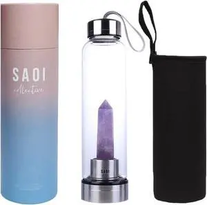 Crystal Water Bottle - Amethyst - Natural Wellness Healing - Glass/Stainless Steel