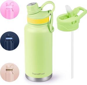 ThermoProof Double-Walled Vacuum Insulated Stainless Steel Water Bottle - Wide Mouth, Spout & Straw Lids, Dishwasher Safe, Reusable, Leakproof, Hot & Cold for Men, Women & Kids - 32oz, Fresh Mint