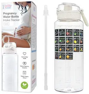 Pregnancy Water Bottle Tracker Must Haves for Expecting Moms Nausea Relief + Weekly Stickers + Straw + BPA Free White