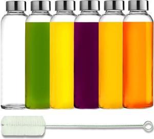 Brieftons Glass Water Bottles With Caps: Clear, 6 Pack, 18 Oz, Leakproof Lids, Premium Soda Lime, Best As Reusable Drinking Bottle, Sauce Jar, Juice Beverage Container, Kefir Kit, With Cleaning Brush