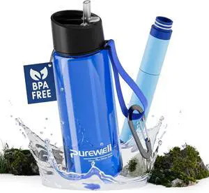 Purewell Filtered Water Bottle BPA Free with 5-Stage Integrated Filter Straw for Camping, Hiking, Backpacking and Travel