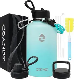 64 oz Insulated Water Bottle with Straws&3 Lids, Half Gallon Water Bottle Stainless Steel Double Walled, Big Water Jug with Paracord Handle, Large Metal Water Bottle for Gym