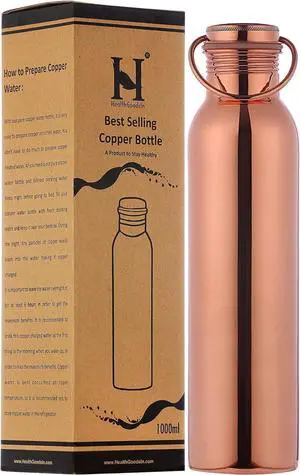 HealthGoodsIn Pure Copper Water Bottle with Carrying Handle Seamless Leakproof Ayurvedic Water Bottle 1000 ML