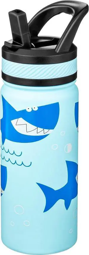 Fanhaw 18 Oz Kids Insulated Water Bottle with Straw - Stainless Steel Double Wall Vacuum Cup, Leakproof, BPA Free, Suitable for Boys and Girls(Pale Blue - Big Shark)