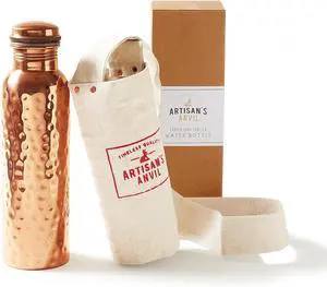 Artisan's Anvil Copper Water Bottle - 32oz - Versatile and Travel-Friendly Pure Copper Water Bottle  Ayurvedic Copper Drinking Bottle for Women and Men  Wide Mouth Design  Carrying Canvas Bag