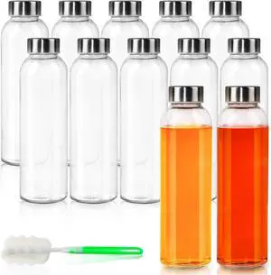 12 Pack Glass Water Bottles, 16oz Clear Glass Bottles with Stainless Steel Lids, Reusable Glass Drink Bottles with Caps, Juice Bottles for Juicing, Smoothies, Tea, Water, Beverages