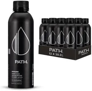 PATH Alkaline Bottled Water - 9.5 pH-Balanced Purified Water with Electrolytes in Aluminum Bottle - BPA-Free, Reusable, Infinitely Recyclable - Pure, Crisp, Refreshing Taste 20.3 fl oz (Pack of 12)