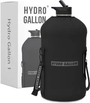 Hydro Gallon® - 1 Gallon Water Bottle Jug with Insulated Sleeve and Straw Lid, Handle, Time Marker, Pocket, Shoulder Strap. Daily Intake Leakproof BPA free Large Big Bottle Men. 128oz (Black)