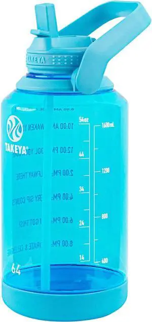 Takeya 64 oz Motivational Water Bottle with Straw Lid with Time Marker, Half Gallon, Premium Quality BPA Free Tritan Plastic, Breezy Blue