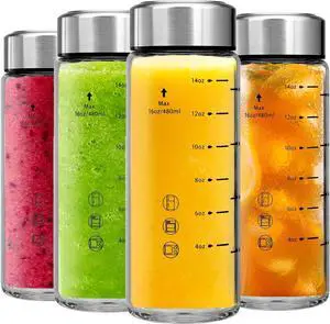 Glass Juice Bottles 4 Pack 20 oz - Wide Mouth Glass Water Bottles with Lids - Borosilicate,Stainless Steel Lids for Juicing, Smoothies, Infused Water, Beverage Storage, Leakproof, Reusable,BPA Free