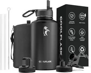 64 oz Water Bottle Insulated with Straw & 3 Lids, Coolflask Large Metal Stainless Steel Water Jug Big Half Gallon Wide Mouth for Sports, Gym or Office, Non-BPA Keep Cold 48H Hot 24H, Magic Black
