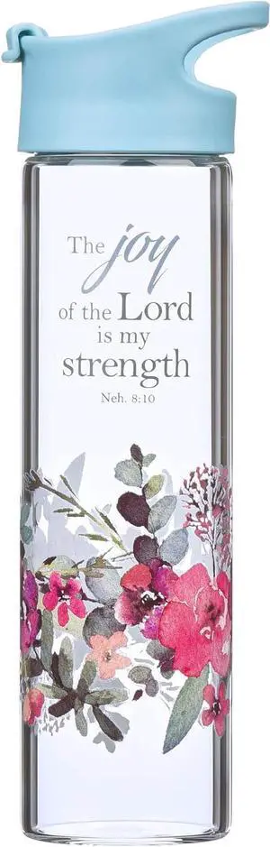 Christian Art Gifts Reusable Floral Glass Water Bottle with Light Blue Pop-Up Lid for Travel and Beverages - 20 oz Bottle with Inspirational Scripture for Women - The Joy of The Lord -Nehemiah 8:10