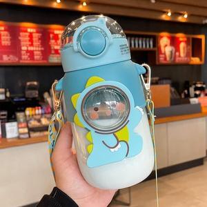Kawaii Bear Water Bottle with Straw and Shoulder Strap, 25oz Cute Large Capacity Portable Water Bottles with 3D Stickers for Girls, School (Blue)