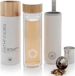 Teabloom All-Beverage Tumbler  15 oz / 450 ml  Tempered Glass Travel Bottle  Hot and Cold Tea Infuser  Cold-Brew Coffee  Fruit-Infused Water  Tea Tumbler  The Pathfinder