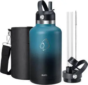 BUZIO 64oz Water Bottle Insulated, Half Gallon Stainless Steel Water Jug with Straw Lid and Carrying Pouch, Leak Proof Double Wall Thermo Water Flask Metal Canteen for Gym Sport Camping, Indigo Crush
