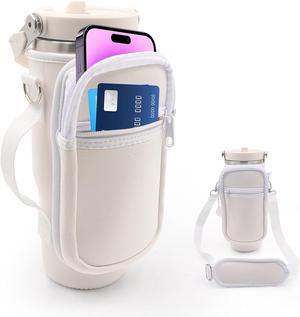 for Stanley Iceflow Flip Straw Tumbler 30 oz, Water Bottle Cup Holder Cover Carrier Sling Bag with Strap, Pouch Pocket for Phone / Accessories, add Handle for Stanley Flip Straw, Neoprene (White)