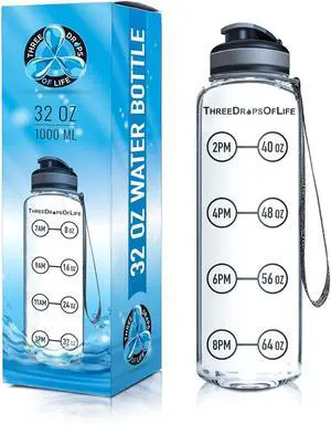 Time Marked Water Bottle, Clear Sports Timed Water Bottle 32 oz, Best for Measuring Water Intake, Tritan BPA-Free One Liter Water Bottle Tracker