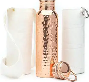 Authentic Ayurvedic Copper Water Bottle With Handle (34 oz/1000 ml) | Lab-Tested, Leak-Proof | Includes Free Sleeves & Carrying Bag | Ideal for Drinking Water