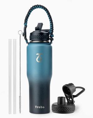 Trebo 32oz Insulated Water Bottle that Fits in Cup Holder, Stainless Steel Double Wall Tumbler Flask Bottles with Paracord Handle, with Straw Spout Lids, Keep Cold for 48 Hrs/Hot 24 Hrs,Indigo/Black