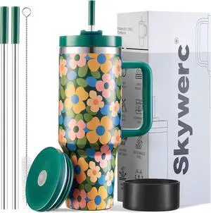 40 oz Tumbler with Handle and Straw, 2 Lids (2 in 1 & LeakProof Lid) - Vacuum Insulated Stainless Steel Double Wall Water Bottle Travel Mug - Holiday Gifts for Women Men - Flower