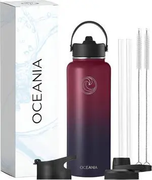 Oceania Flask 40oz Stainless Steel Water Bottles | Modern, Leakproof, Hydro BPA-Free, Insulated Water Bottle with 3 Lids, 3 Straws & 2 Straw Cleaning Brushes | Simple Camping & Hiking Water Bottles