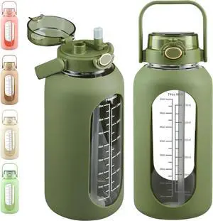SIEROZUR 74oz Glass Water Bottle with Straw 2.2L Large Gallon Motivational Water Bottle with Handle and Time Marker Wide Mouth Water Jug with Silicone Sleeve