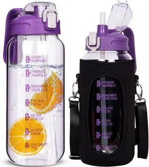 64 oz Motivational Glass Water Bottle with Straw & Time Marker Half Gallon Large Reusable Water Jug BPA-free Borosilicate Drinking Bottle with Flip Top & Sleeve for Infused Water Wide Mouth