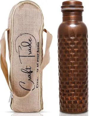 Craft Trade Diamond Copper Bottle with Lid and Carry Bag for Drinking Water BPA Free Leak Proof Boosts Immunity, Supports Digestive, Ayurveda Inspired 34oz - 1 Litre Black