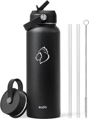 BUZIO 40oz Insulated Water Bottle, Triple Wall Vacuum Stainless Steel Water Flask with 2 lids, Lead-Free BPA-Free Straw Lid Sports Canteen Jug, Cold 48H & Hot 24H- Black