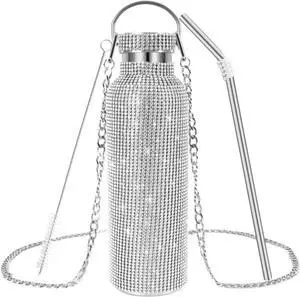 INSTOME Sparkling Diamond Water Bottle,17oz Bling Water Bottle with Chain,Bling Water Bottle Rhinestone,Rhinestone Glitter Water Bottle for Women Girl (silver, 500)