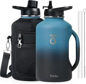 Trebo Half Gallon Water Bottle 64oz with Handle,Double Wall Vacuum Insulated Large Water Jug,Stainless Steel Water Bottle Flask,Gym Water Bottles For Men with Straw Spout Lids Strap,Indigo Black