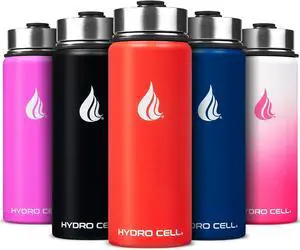 HYDRO CELL Stainless Steel Insulated Water Bottle w/Straw, 2 Lids Metal Vacuum Flask with Modern Leakproof Sport Straw Design (Mandarin 18oz)